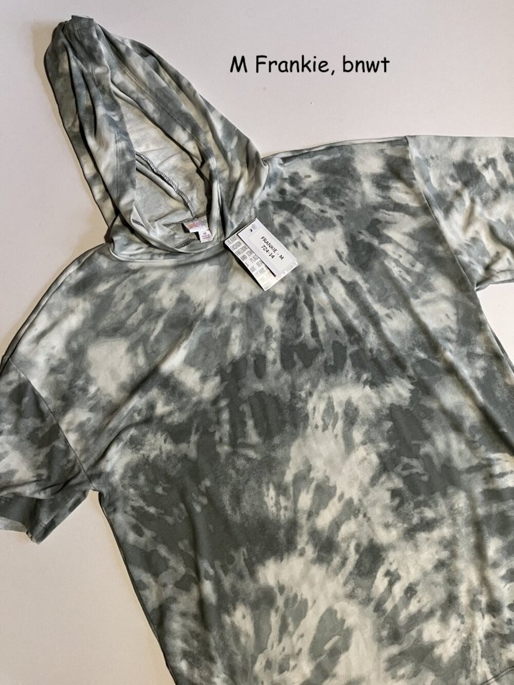 Medium Lularoe Frankie short sleeve hooded top, grey tie-dye